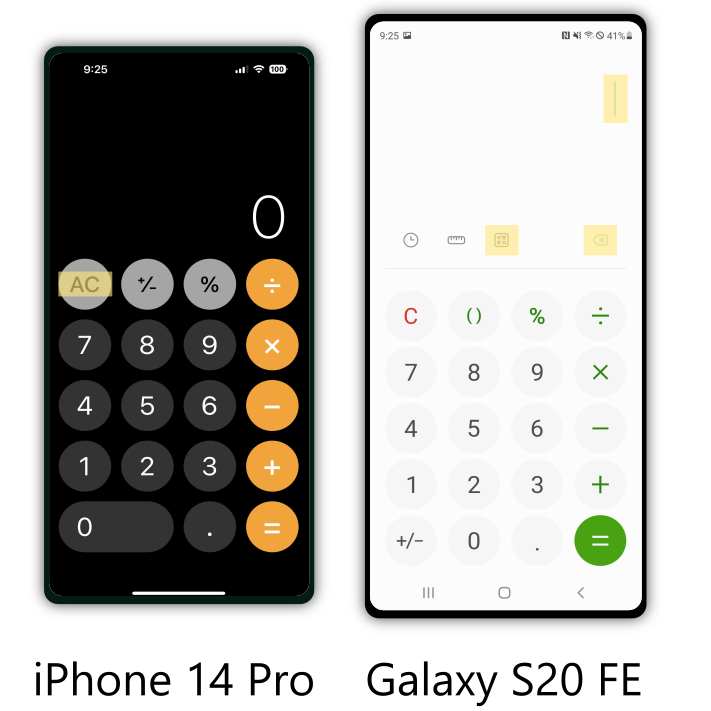 Picture of the calculator apps with key differences highlighted