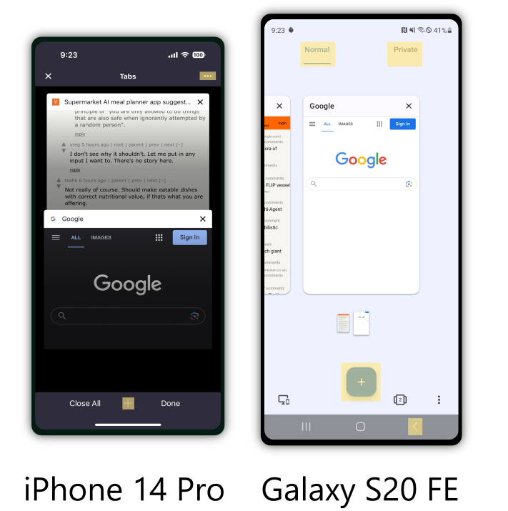 Picture of the opera app with key differences highlighted